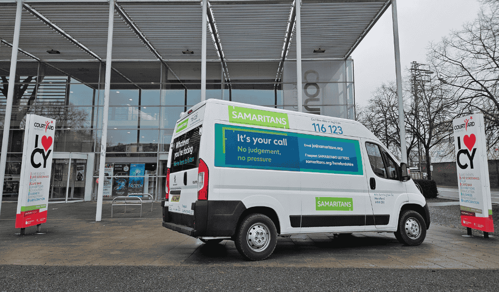 The Samaritans van outside The Courtyard in Hereford